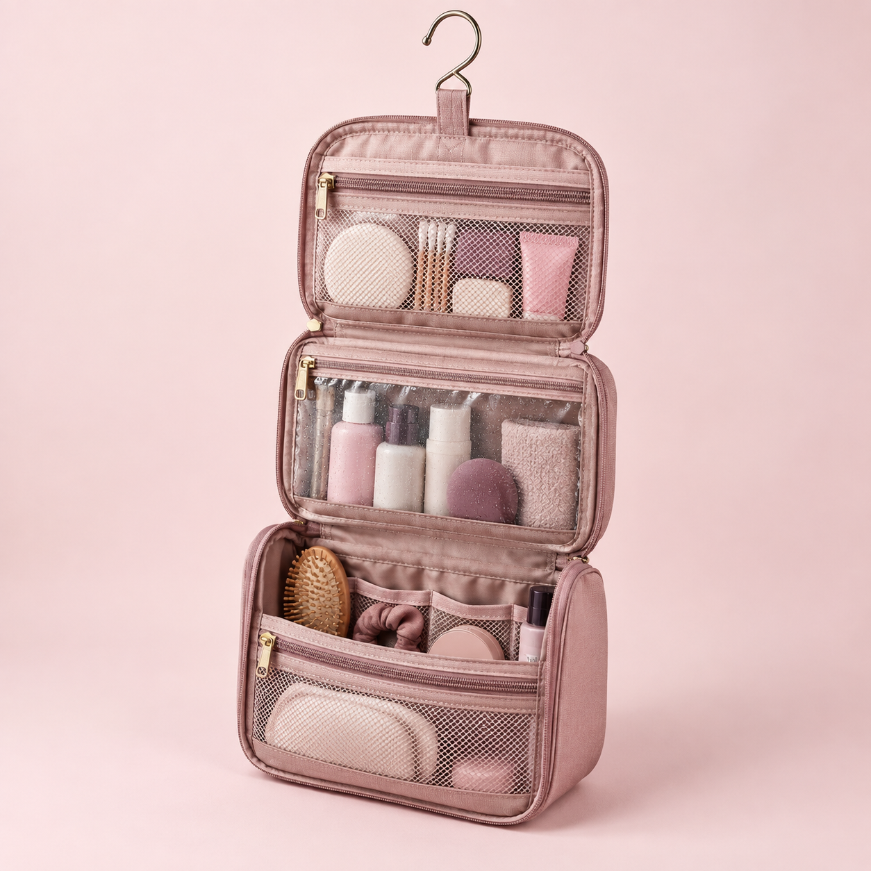 Concept preview of a compact pink hanging toiletry organizer